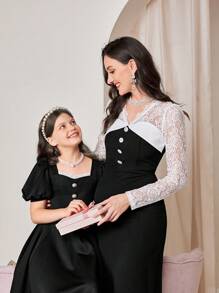 SHEIN Tween Girl 1pc Contrast Lace Puff Sleeve Button Front Dress - Black and White - View 4