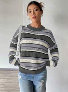 SHEIN Unity 條紋圖案落肩袖套頭毛衣