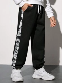 SHEIN Tween Boy Letter Graphic Contrast Side Seam Drawstring Waist Sweatpants
