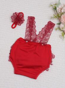 SHEIN Baby Girl Contrast Lace Bow Front Bodysuit & Headband Photo Outfit - Red - View 3