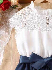 Tween Girl Contrast Lace Panel Frill Neck Belted Dress - Blue - View 3