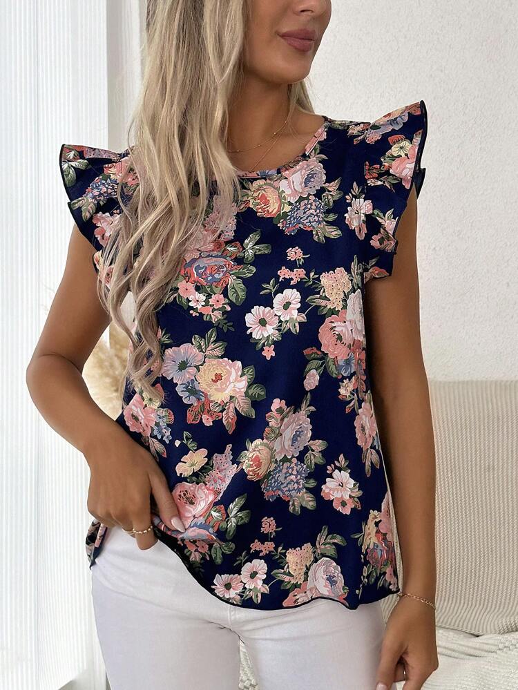 Floral Print Ruffle Trim Blouse,Casual