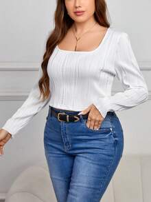 SHEIN Frenchy Plus Scoop Neck Button Detail Tee - White - View 4