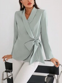 SHEIN Privé Blazer de cuello esmoquin cruzado con nudo lateral - Azul Cadete - Ver 2
