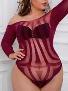 大碼一字肩鏤空漁網性感緊身連體衣不附襯裏 - 酒紅色 - 查看 4