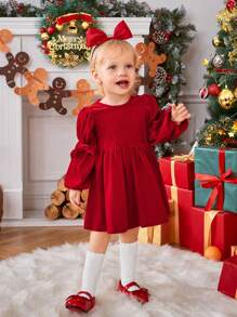 SHEIN Baby Girl Bow Front Lantern Sleeve Dress for Christmas "Mommy&Me"(3 pieces are sold separately)