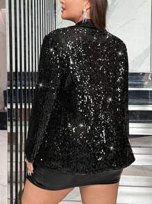 SHEIN Privé Plus Lapel Neck Sequin Blazer - Black - View 2
