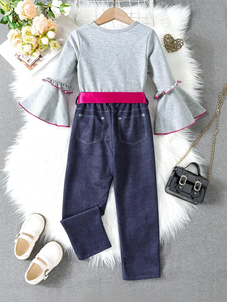 Young Girl Butterfly Print Flounce Sleeve Tee & Ripped Patched Jeans