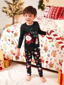 Conjunto De Pijama Ajustado A La Navidad Con Estampado Navideño Para Niño, Atuendo Familiar A Juego Para Mamá E Hijo - Blanco y Negro - Ver 3