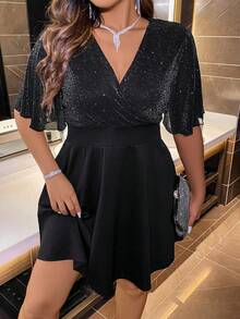 Plus Surplice Neck Butterfly Sleeve Dress - Black - View 5