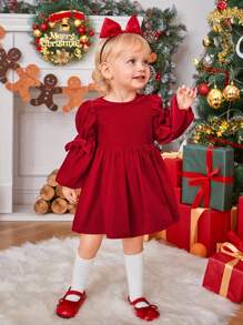 SHEIN Baby Girl Bow Front Lantern Sleeve Dress for Christmas "Mommy&Me"(3 pieces are sold separately)