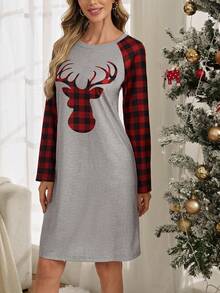 EMERY ROSE 聖誕麋鹿&格子圖案插肩袖T恤洋裝