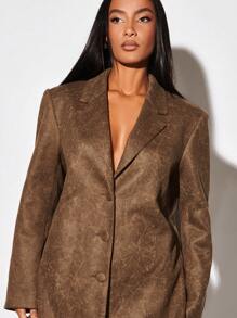 SHEIN BAE 秋冬复古棕色做旧纹理皮革宽松西装外套 - 棕色 - 查看 6
