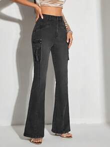 SHEIN BAE 高腰牛仔喇叭褲 - 黑色 - 查看 6