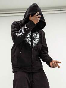 ROMWE MEN Goth Áo nỉ Nam Dây kéo Túi Đồ họa Giải trí - màu đen - Xem 1