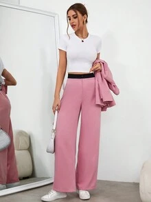 SHEIN Essnce High Waist Wide Leg Pants - Pink - View 5