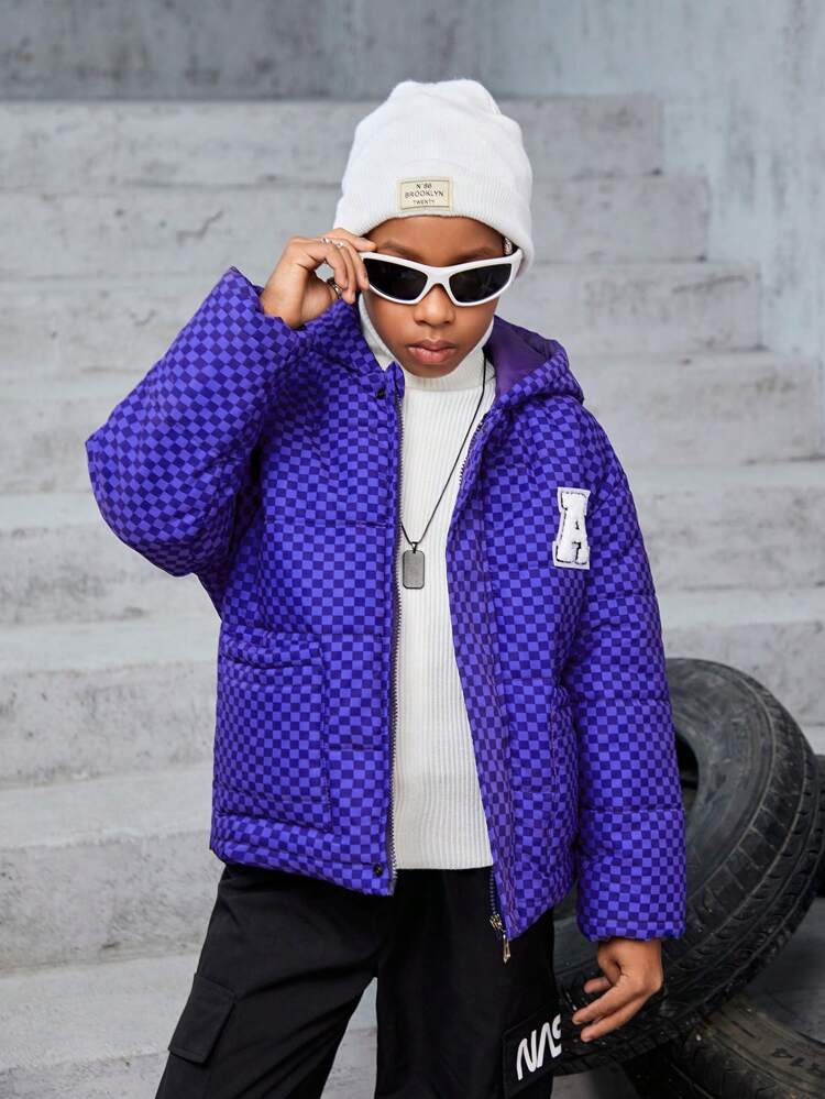 Tween Boy 1pc Letter Patched Detail Dual Pocket Hooded Padded Coat