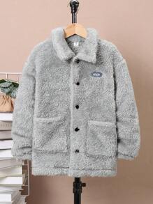 SHEIN 男大童字母補丁細節雙口袋落肩袖絨毛外套 - 灰色 - 查看 3