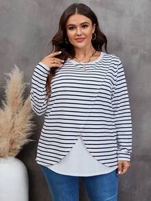 SHEIN LUNE 大碼條紋印花不對稱下擺T恤 - 黑與白 - 查看 6