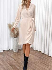 SHEIN Frenchy 青果領圍裹側打結洋裝 - 杏色 - 查看 1