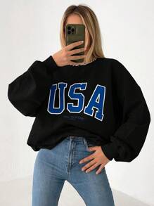 Cloudara Letter Graphic Drop Shoulder Sweatshirt - Black - View 6