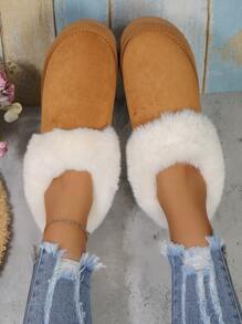 2024新款低帮雪地冬鞋，秋冬季保暖女士鞋，乐福鞋款式套脚雪地靴，毛绒雪地靴 - 駝色 - 查看 4