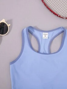 SHEIN 女大童撞色滾邊工字運動背心 - 藍色 - 查看 3