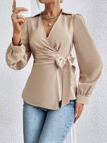 Chiquease 素色側打結圍裹女士襯衫 - 杏色 - 查看 3