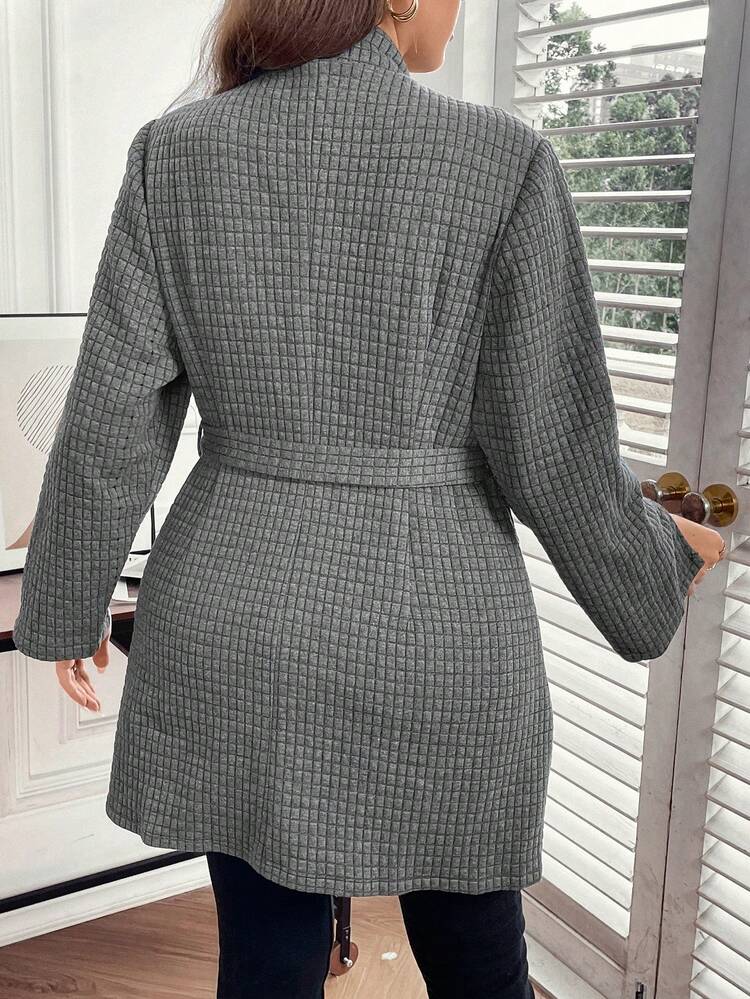 Plus Plaid Print Roll Tab Sleeve Belted Overcoat