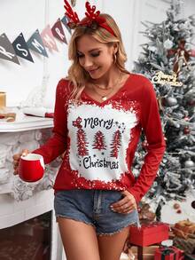 SHEIN LUNE 聖誕圖案V領T恤 - 紅白色 - 查看 6