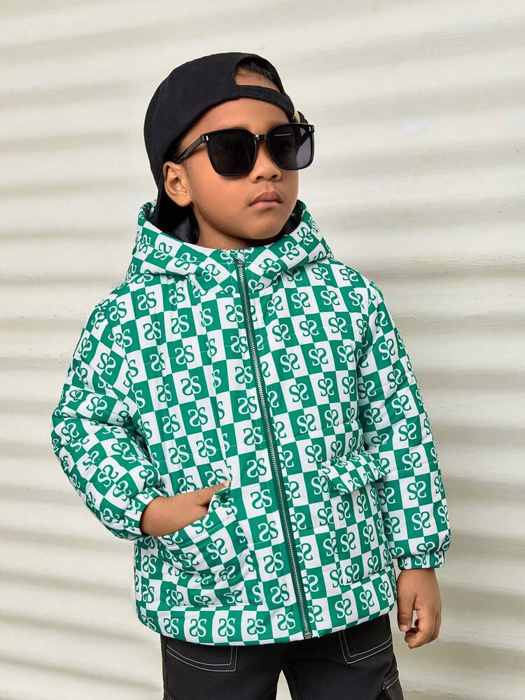 Young Boy Allover Letter Graphic Zip Up Hooded Padded Coat
