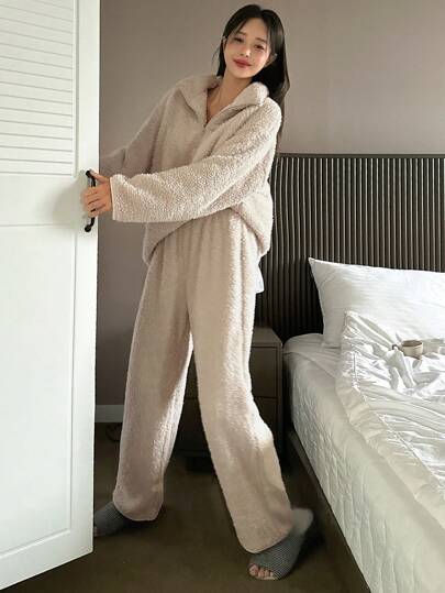 DAZY 半拉链落肩法兰绒家居服套装，保暖内衬，秋冬季蓬松睡衣，舒适套装