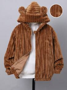 SHEIN Tween Boy 3D Ear Design Hooded Fleece Jacket - Brown - View 1