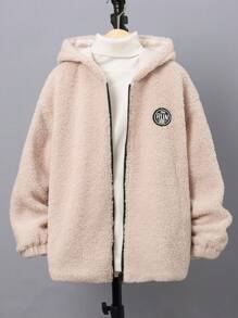 SHEIN Tween Boy Letter Patched Hooded Teddy Coat Without Sweater - Apricot - View 7