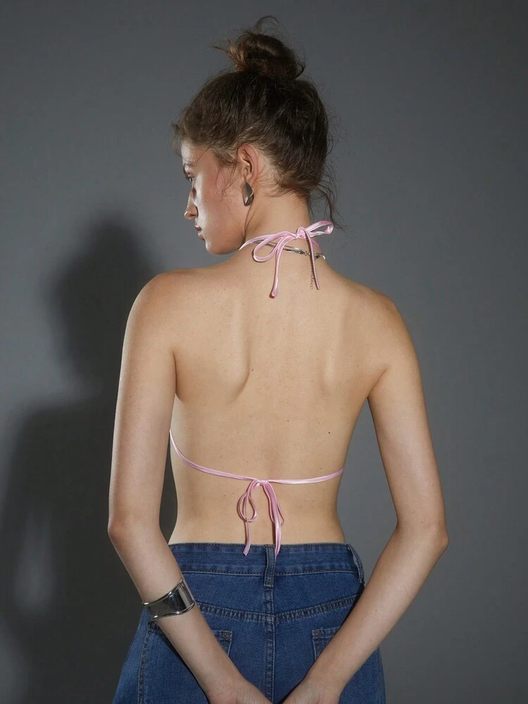 Tie Backless Rhinestone Crop Halter Top