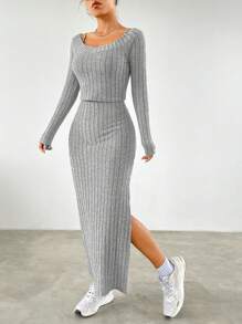 SHEIN EZwear Camiseta unicolor & de muslo con abertura Vestido de tirantes - Gris - Ver 4