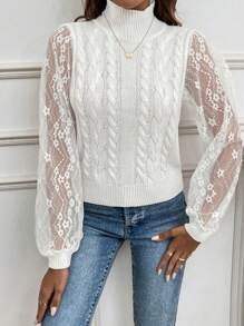 SHEIN Privé Contrast Lace Lantern Sleeve Mock Neck Cable Knit Sweater - White - View 3