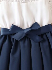 Tween Girl Contrast Lace Panel Frill Neck Belted Dress - Blue - View 4