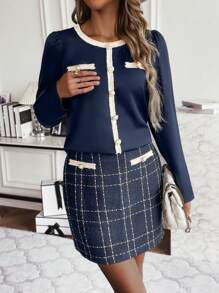 SHEIN Clasi Contrast Trim Button Detail Blouse & Plaid Print Skirt - Navy Blue - View 3