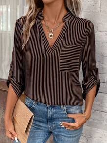 EMERY ROSE Striped Print Roll Up Sleeve Pocket Patched Blouse,Long Sleeve Tops Fall Cloth For Women - Mocha Brown - View 5