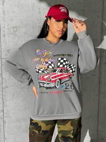 SHEIN EZwear Talla grande Sudadera con estampado de coche y letra de hombros caídos