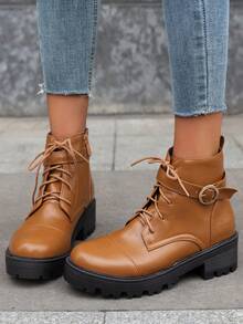 Mocha Brown Motorcycle Boots With Mid Heel, Student's Personalized Metal Buckle Women's Fashionable Boots - Mocha Brown - View 3