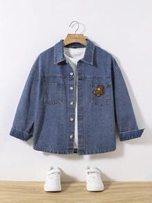 女大童小熊刺繡雙口袋牛仔襯衫不帶T恤 - 深色水洗藍 - 查看 1