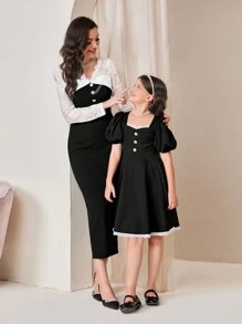 SHEIN Tween Girl 1pc Contrast Lace Puff Sleeve Button Front Dress - Black and White - View 3