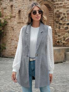 EMERY ROSE Houndstooth Print Lapel Neck Vest Overcoat - Black and White - View 4