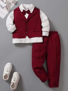 SHEIN 年輕男孩3入組紳士西裝套裝：長袖襯衫+西裝背心+長褲，優雅穿搭，適用於情人節、生日派對、晚宴活動、婚禮、1歲生日、洗禮和婚禮季節