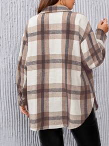 SHEIN Essnce 大碼格紋印花落肩翻蓋口袋大衣 - 青檸色 - 查看 7