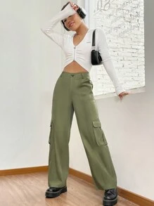 SHEIN EZwear 側翻蓋口袋工裝褲 - 綠色 - 查看 6