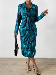 SHEIN VCAY 滿版印花腰帶襯衫洋裝 - 綠色 - 查看 5