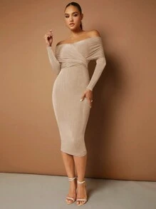 SHEIN BAE Off Shoulder Bodycon Dress - Khaki - View 3